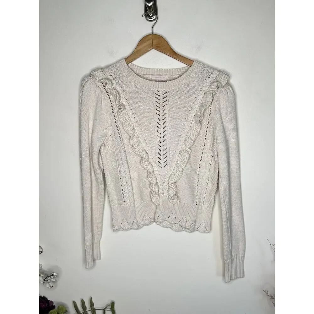 REBECCA TAYLOR Ruffle Scalloped Hem Cotton Sweater Ivory Sz L $218 {H46}